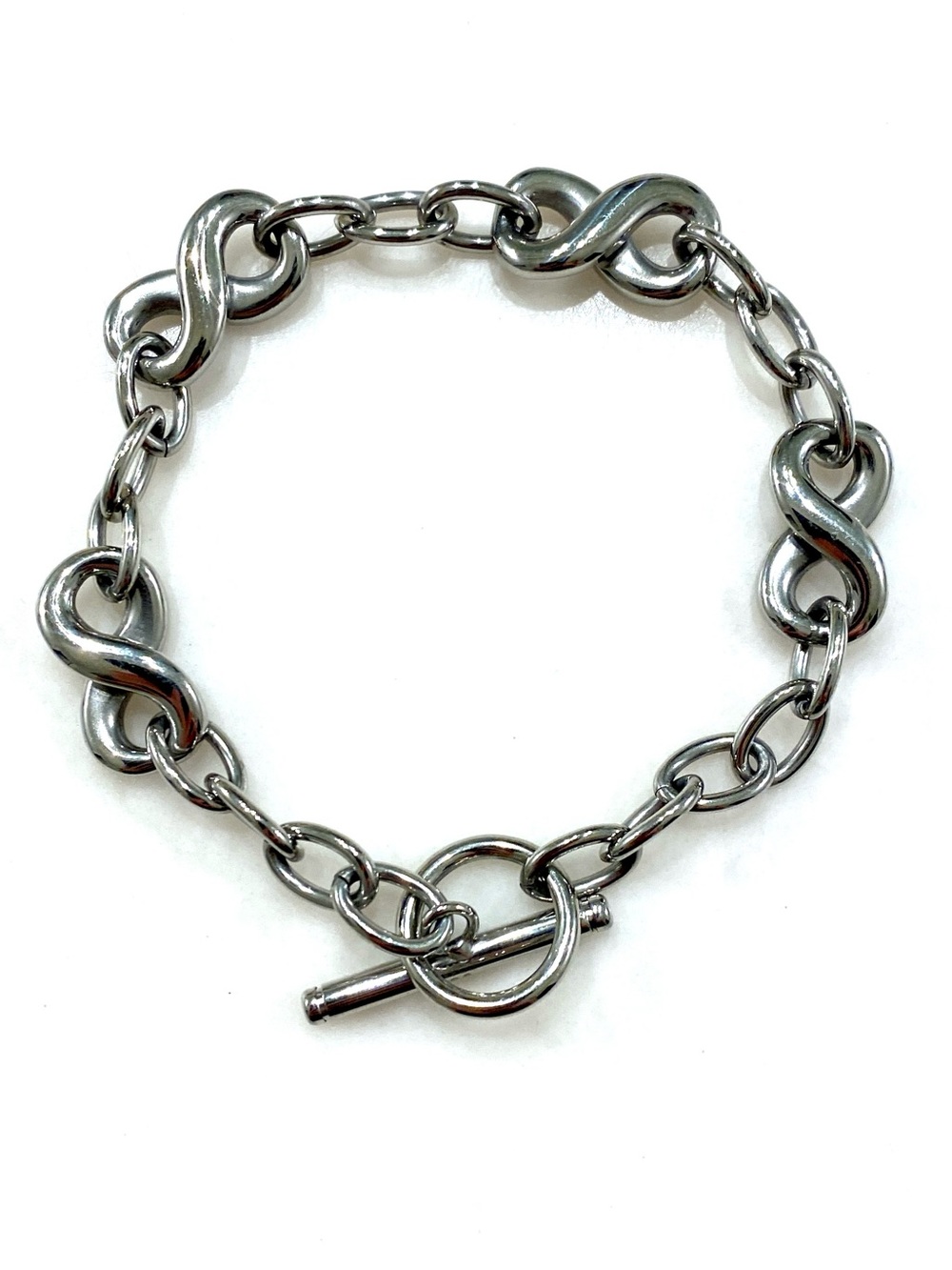 Vintage Stainless Steel Signed Silver Toggle Chain Bracelet